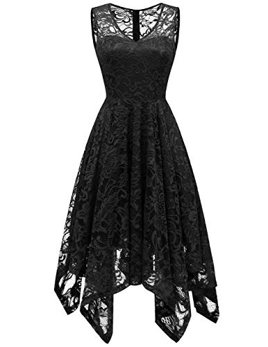 Meetjen V-Neck Floral Lace Midi Dress Black