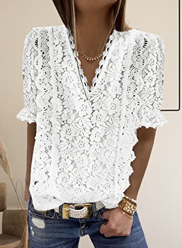 Boho Lace V Neck Blouse for Women, White