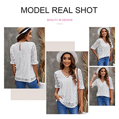 Boho Lace V Neck Blouse for Women, White