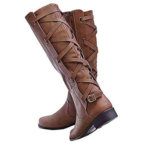 Brown Lace Up Knee High Flat Boots