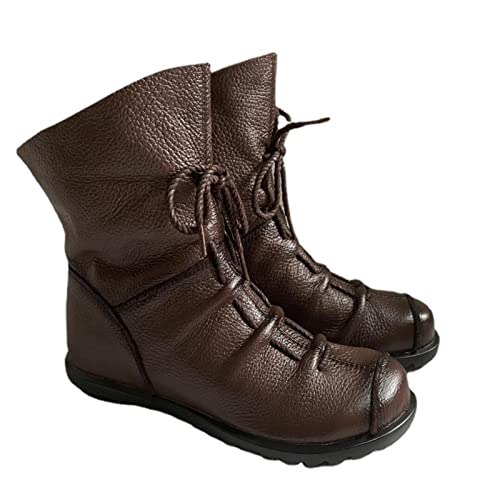 Renaissance Handmade Leather Flat Boots, Size 10, Brown