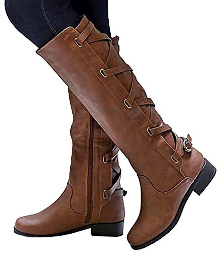 Brown Lace Up Knee High Flat Boots