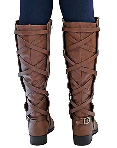 Brown Lace Up Knee High Flat Boots