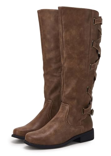 Brown Lace Up Knee High Flat Boots
