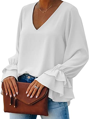 LYANER Fantasy V Neck Ruffle Bell Sleeve Blouse