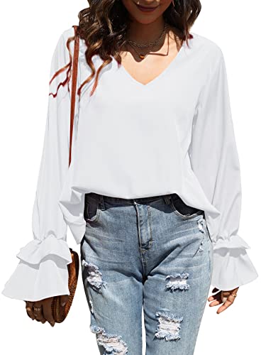 LYANER Fantasy V Neck Ruffle Bell Sleeve Blouse