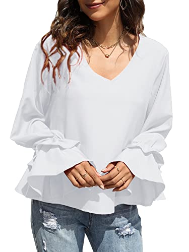 LYANER Fantasy V Neck Ruffle Bell Sleeve Blouse