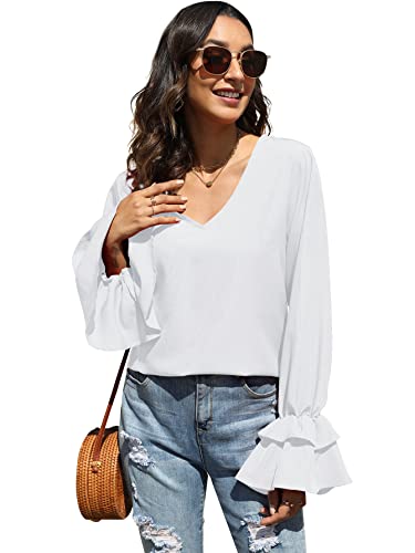 LYANER Fantasy V Neck Ruffle Bell Sleeve Blouse