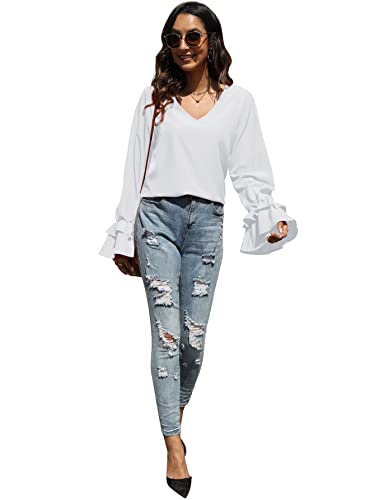 LYANER Fantasy V Neck Ruffle Bell Sleeve Blouse