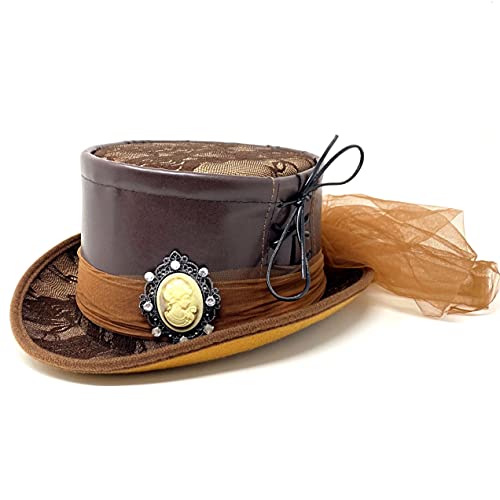Steampunk Brown Leather Hat with Feather - Costume Party