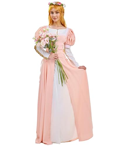 daizbella Renaissance Medieval Dress Pink Puff Sleeves Costume