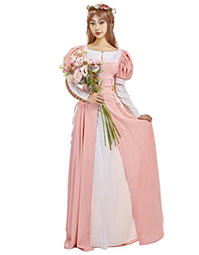 daizbella Renaissance Medieval Dress Pink Puff Sleeves Costume