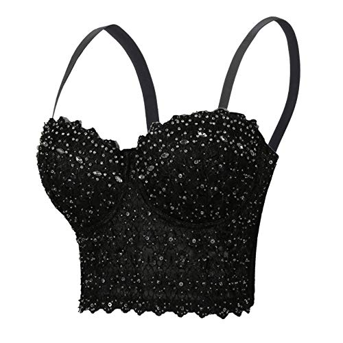 Chenyi Lace Rhinestone Bustier Crop Top (S, Black)