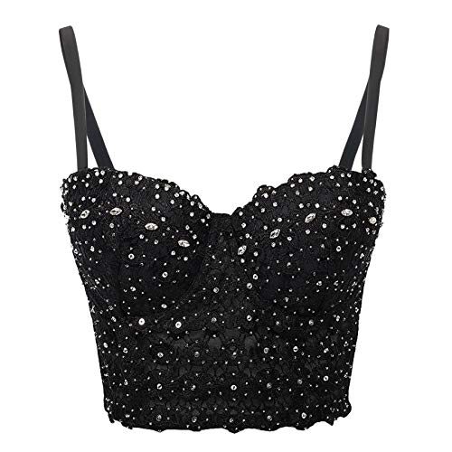Chenyi Lace Rhinestone Bustier Crop Top (S, Black)