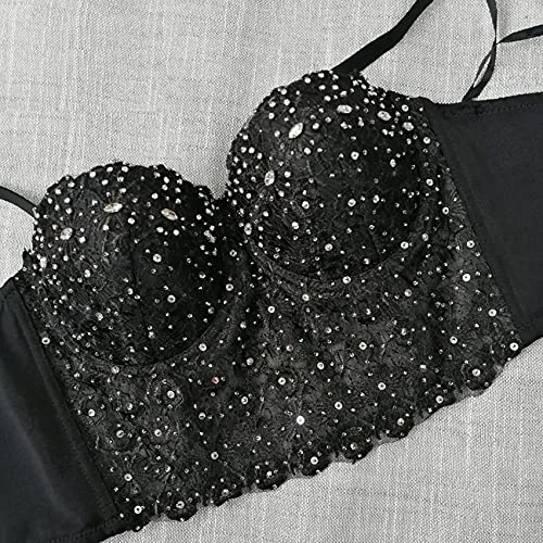 Chenyi Lace Rhinestone Bustier Crop Top (S, Black)