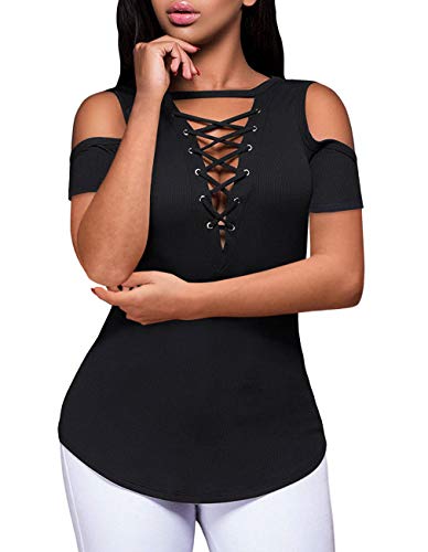 Defal Women's Goddess Lace-Up V-Neck Blouse