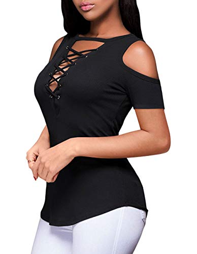 Defal Women's Goddess Lace-Up V-Neck Blouse