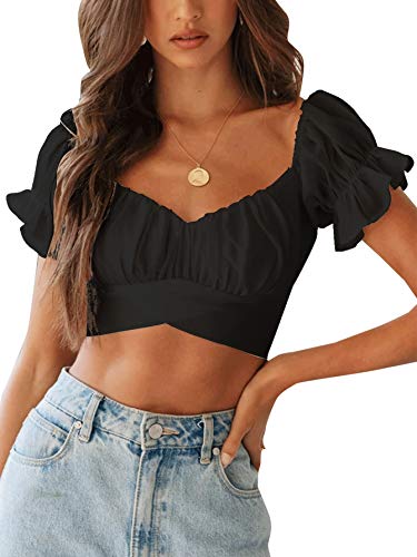 LYANER Women's Black Ruffle Crop Top - Small