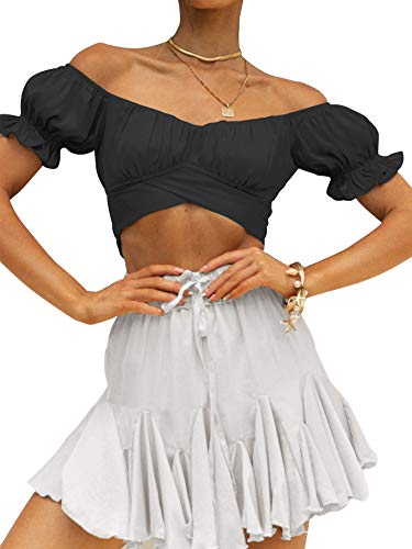LYANER Women's Black Ruffle Crop Top - Small