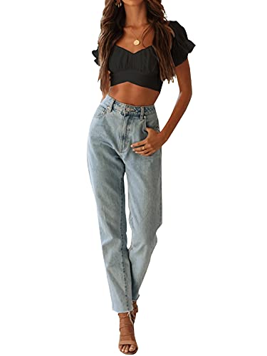 LYANER Women's Black Ruffle Crop Top - Small