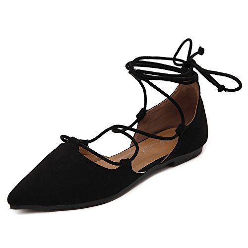 Black Lace-Up Ballet Flats with Ankle Strap