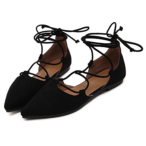 Black Lace-Up Ballet Flats with Ankle Strap