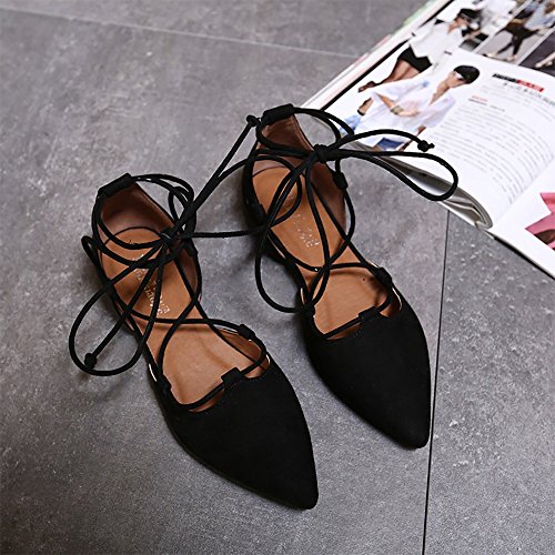 Black Lace-Up Ballet Flats with Ankle Strap