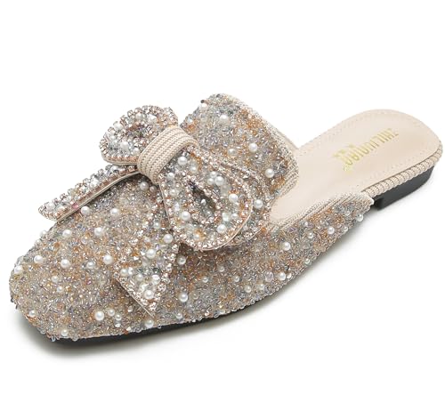 SANIOOOI Pearl Rhinestone Bow Mules, Sparkly Square Toe
