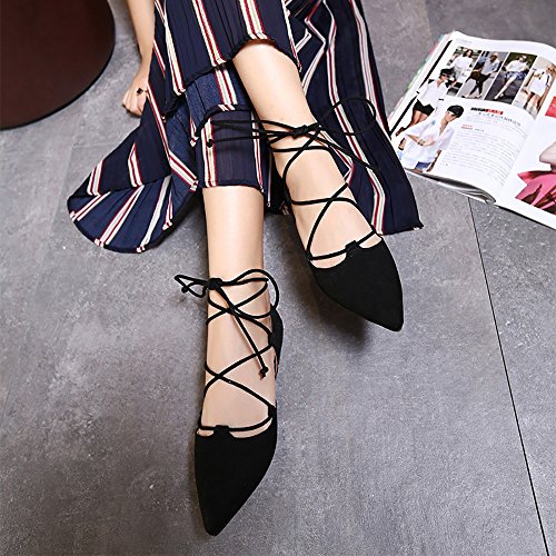 Black Lace-Up Ballet Flats with Ankle Strap