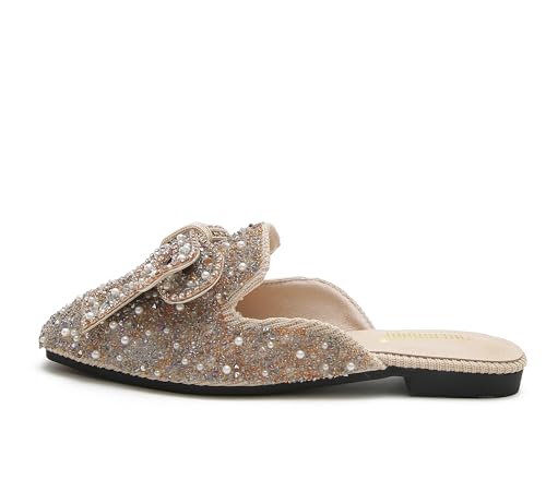 SANIOOOI Pearl Rhinestone Bow Mules, Sparkly Square Toe