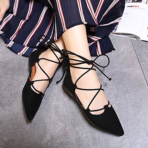 Black Lace-Up Ballet Flats with Ankle Strap