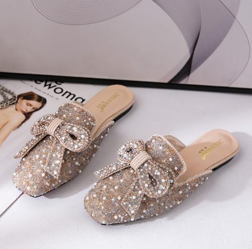 SANIOOOI Pearl Rhinestone Bow Mules, Sparkly Square Toe