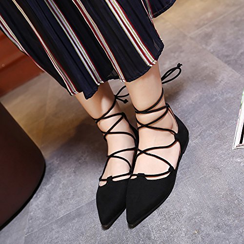 Black Lace-Up Ballet Flats with Ankle Strap