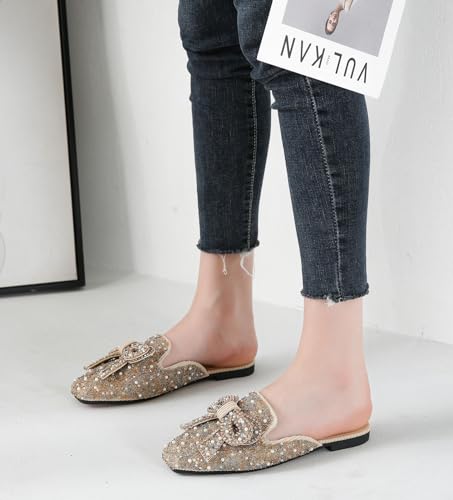 SANIOOOI Pearl Rhinestone Bow Mules, Sparkly Square Toe