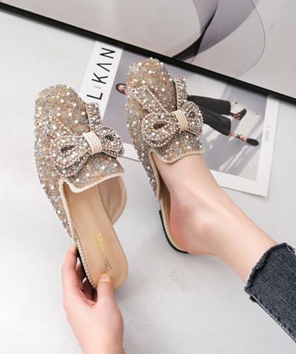 SANIOOOI Pearl Rhinestone Bow Mules, Sparkly Square Toe