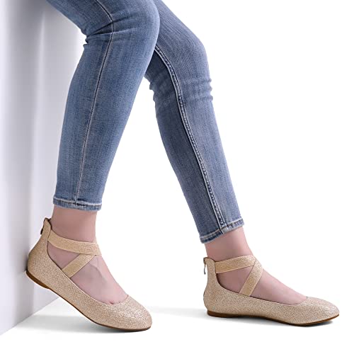 Gold Glitter Elastic Ankle Strap Flats - Size 11