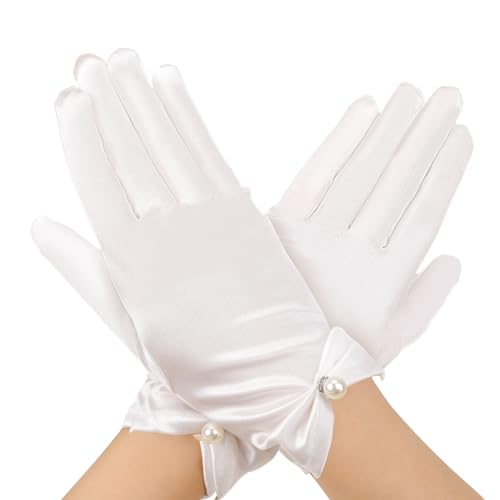 White Satin Gloves with Pearl Pendant for Women