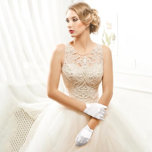 White Satin Gloves with Pearl Pendant for Women