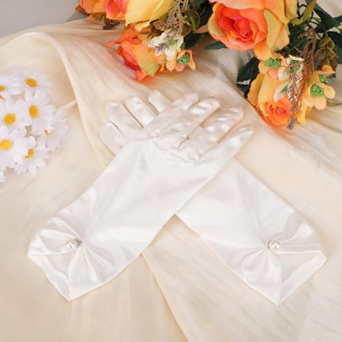 White Satin Gloves with Pearl Pendant for Women