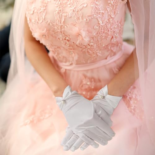 White Satin Gloves with Pearl Pendant for Women