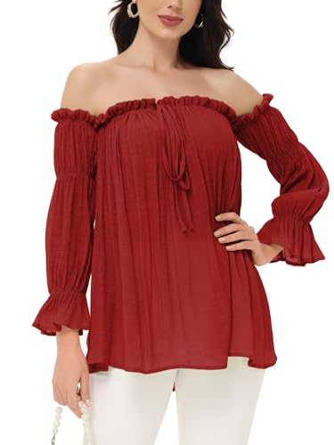 Red Steampunk Pirate Renaissance Peasant Off-Shoulder Blouse, Medium