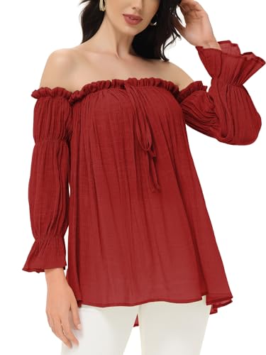 Red Steampunk Pirate Renaissance Peasant Off-Shoulder Blouse, Medium
