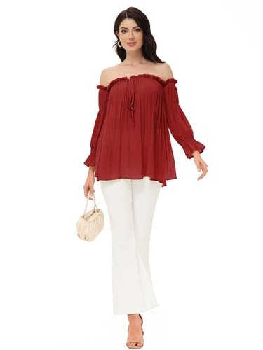 Red Steampunk Pirate Renaissance Peasant Off-Shoulder Blouse, Medium