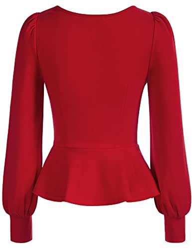 Vintage Lantern Sleeve Square Neck Blouse Top, Red