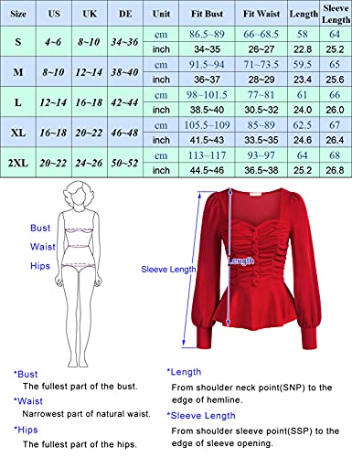 Vintage Lantern Sleeve Square Neck Blouse Top, Red