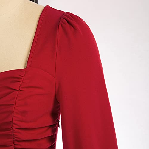 Vintage Lantern Sleeve Square Neck Blouse Top, Red