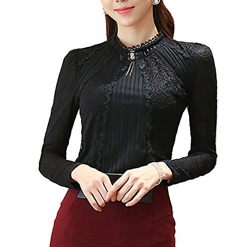 Vintage Beaded Buttons Pleated Lace Blouse (Black, Small)