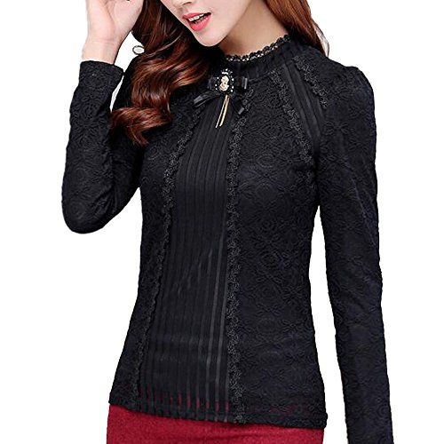 Vintage Beaded Buttons Pleated Lace Blouse (Black, Small)