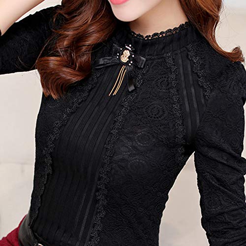 Vintage Beaded Buttons Pleated Lace Blouse (Black, Small)