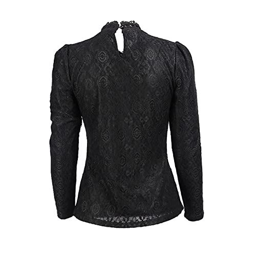 Vintage Beaded Buttons Pleated Lace Blouse (Black, Small)